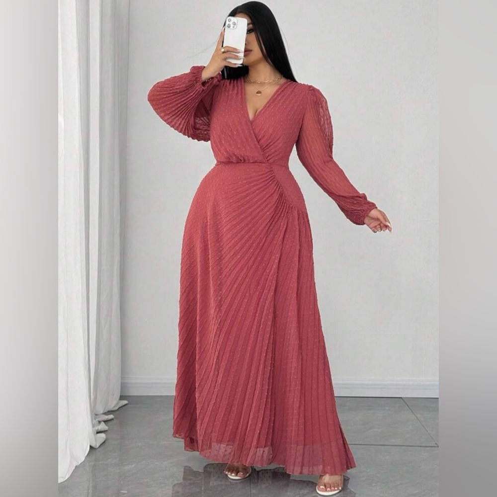 Long Sleeve Pink  Dress Wedding Guest Dress Plus Size Curve Elegant